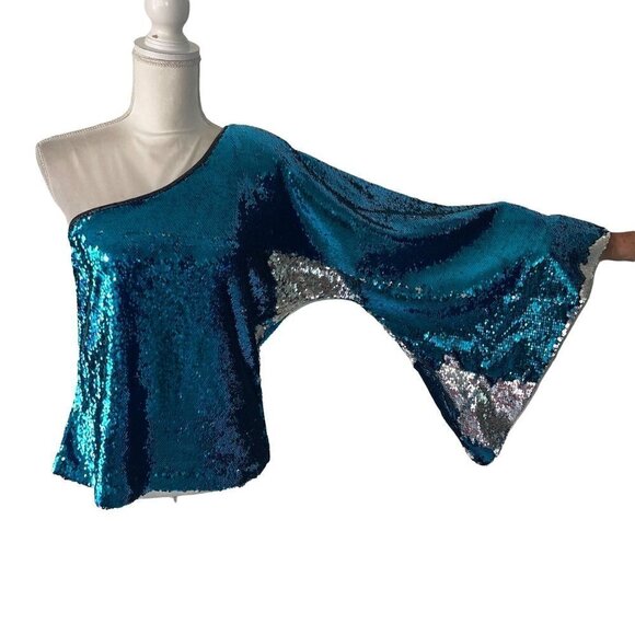 KY Womens Sequin Off The Shoulder Top Size Medium Custom Made Dramatic Sleeve - Picture 10 of 10